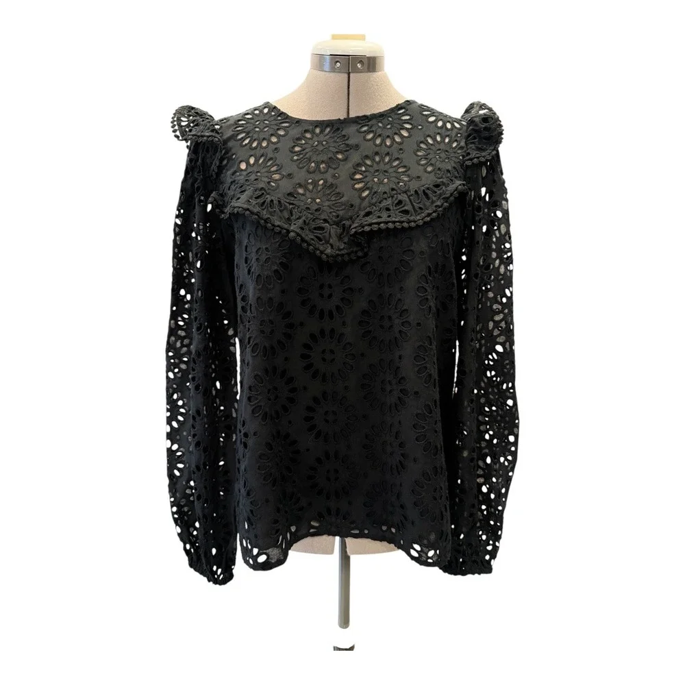 Lilly‎ Pulitzer Caroline Eyelet Ruffle Long Sleeve Blouse In Onyx Top Size Small